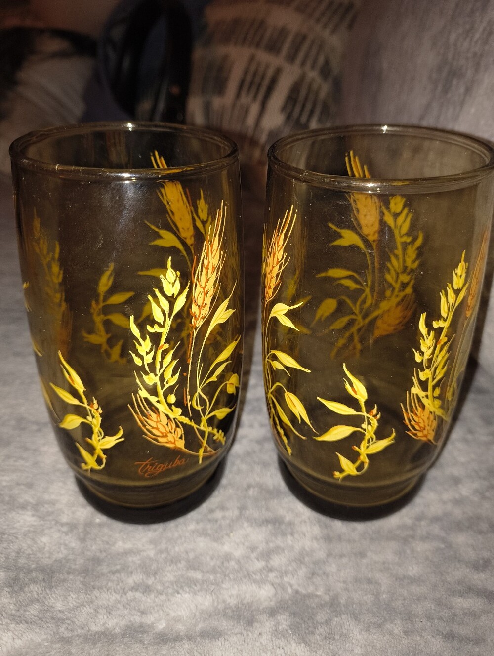 Amber Glass Tumbler Set with Yellow Wheat Motif